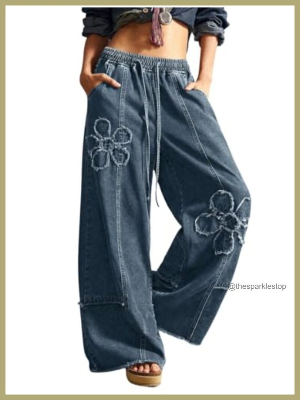 Boho Floral Wide Leg Jeans Drawstring Fringe Baggy Denim Culottes Pants